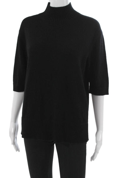 Sharis Women Black 100% Cashmere Mock Neck Short Sleeve Pullover Size L