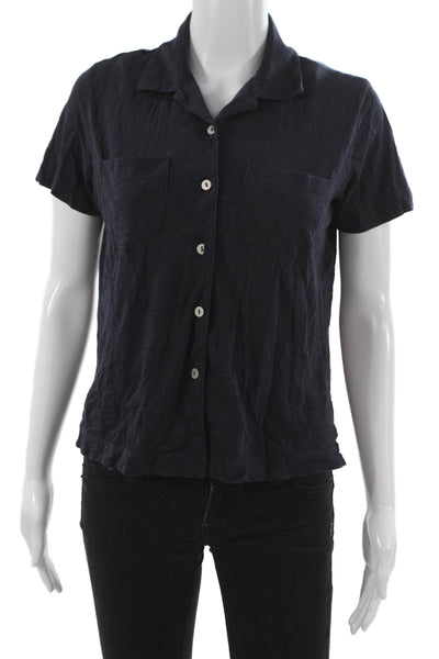 Goldie Women Basic Button-Up Collared Short Sleeve Cotton Top Blue Size XS