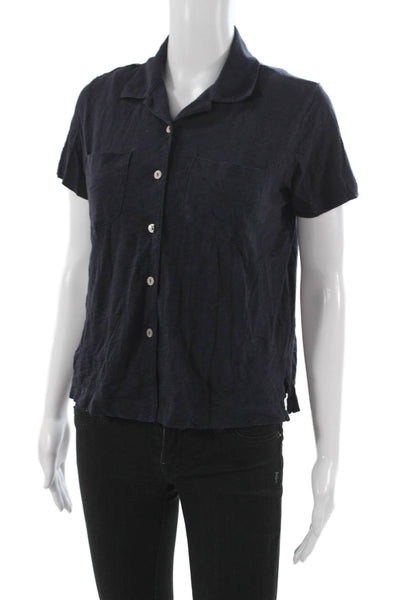 Goldie Women Basic Button-Up Collared Short Sleeve Cotton Top Blue Size XS