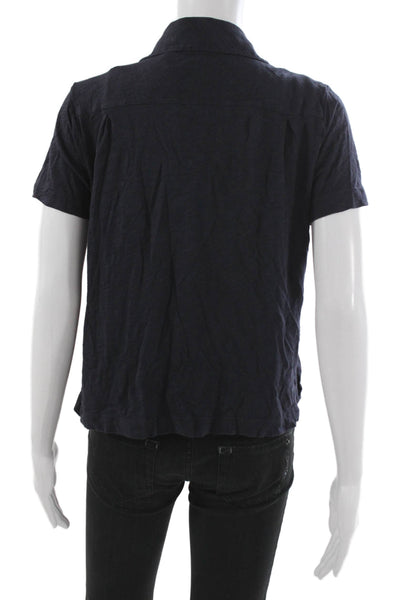 Goldie Women Basic Button-Up Collared Short Sleeve Cotton Top Blue Size XS