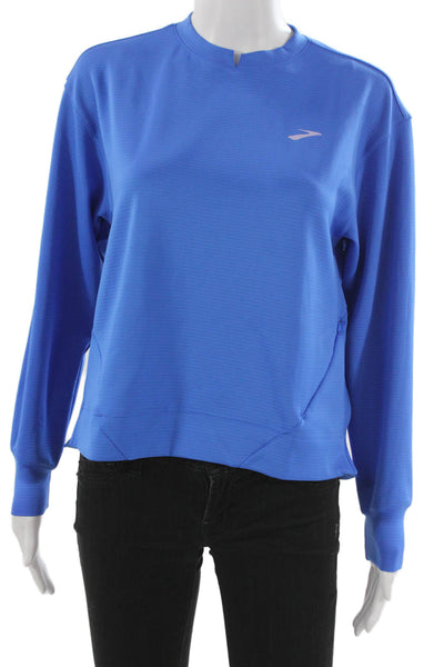 Brooks Women Pullover Top Blue Striped Recycled Poly Crewneck Size S
