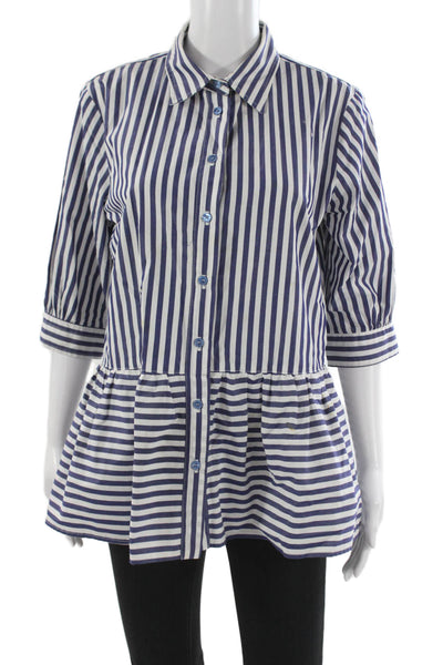 Anna Maria Paletti Womens Blue Striped Peplum Blouse Cotton 3/4 Sleeve Size 44