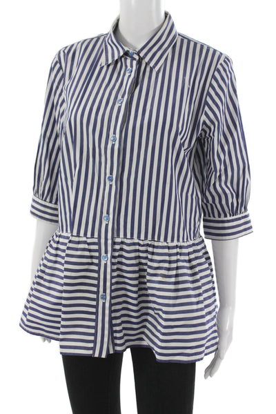 Anna Maria Paletti Womens Blue Striped Peplum Blouse Cotton 3/4 Sleeve Size 44