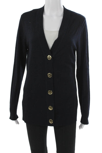 Tory Burch Women Cardigan Blue V-Neck Merino Wool Size L