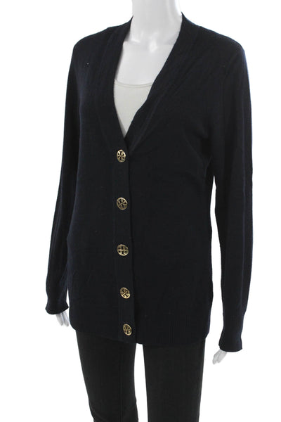 Tory Burch Women Cardigan Blue V-Neck Merino Wool Size L