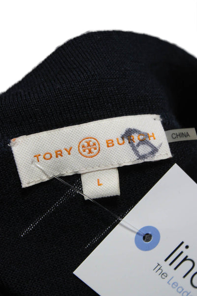 Tory Burch Women Cardigan Blue V-Neck Merino Wool Size L