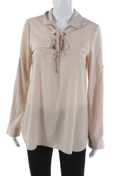 Calvin Klein Womens Tunic Blouse Beige Collared Lace Up Long Sleeve Size S