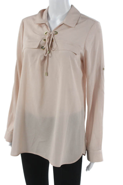 Calvin Klein Womens Tunic Blouse Beige Collared Lace Up Long Sleeve Size S