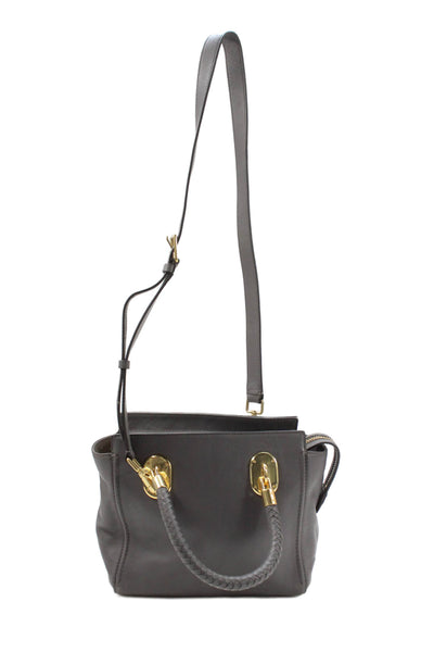 Cole Haan Womens Double Braided Handle Zip Top Leather Tote Handbag Gray