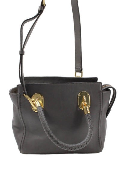 Cole Haan Womens Double Braided Handle Zip Top Leather Tote Handbag Gray