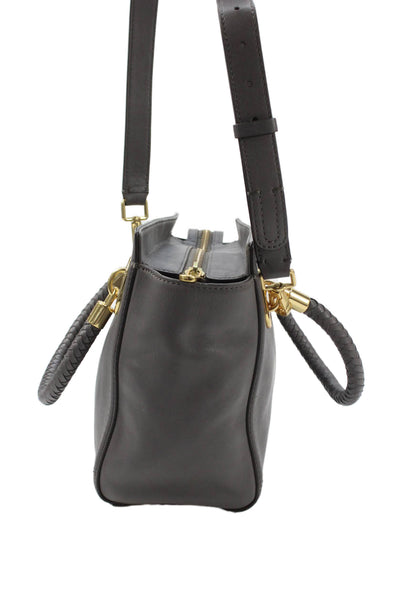 Cole Haan Womens Double Braided Handle Zip Top Leather Tote Handbag Gray