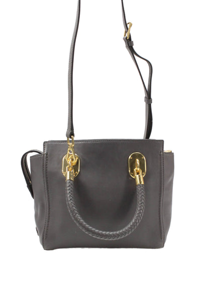 Cole Haan Womens Double Braided Handle Zip Top Leather Tote Handbag Gray