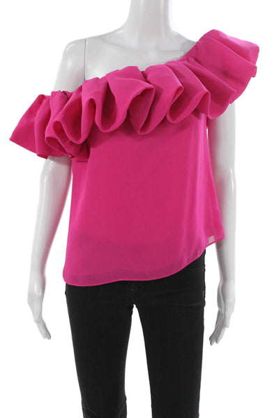 Milly Womens Chiffon One Shoulder Ruffle Sleeveless Pink Blouse Size S