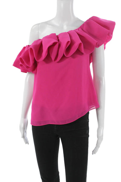 Milly Womens Chiffon One Shoulder Ruffle Sleeveless Pink Blouse Size S