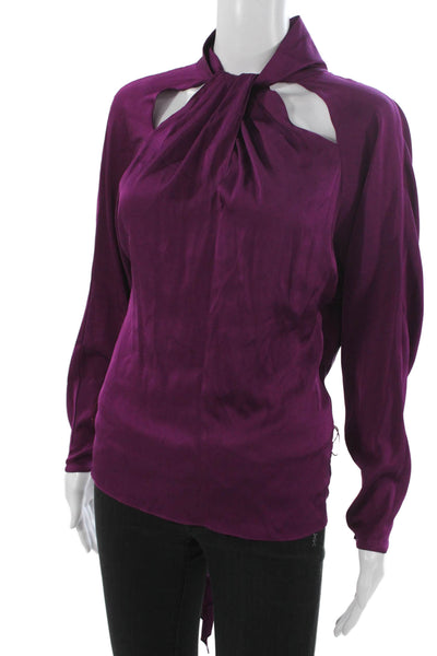 Milly Womens Basic Purple Satin High Neck Long Sleeve Blouse Size S