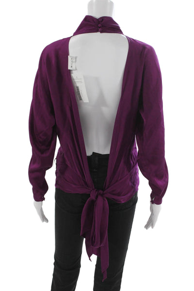 Milly Womens Basic Purple Satin High Neck Long Sleeve Blouse Size S