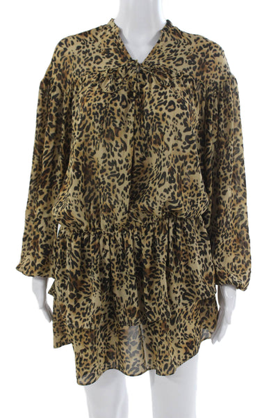 Zara Women Trapeze Swing Dress Brown Collared Long Sleeve Animal Print Size XS