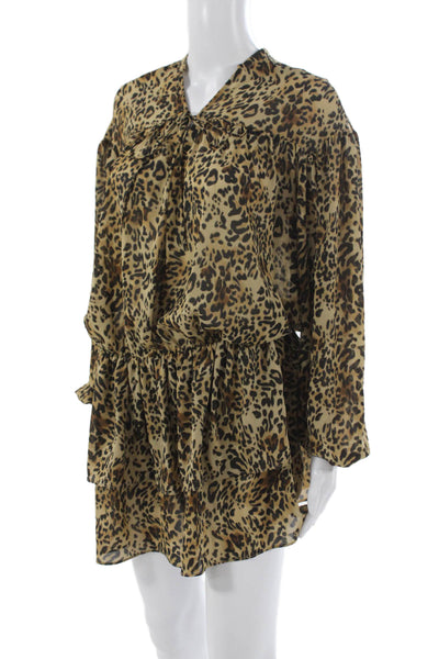 Zara Women Trapeze Swing Dress Brown Collared Long Sleeve Animal Print Size XS
