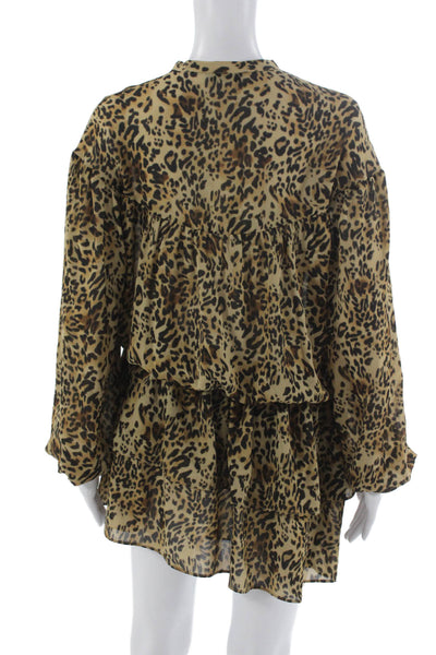 Zara Women Trapeze Swing Dress Brown Collared Long Sleeve Animal Print Size XS