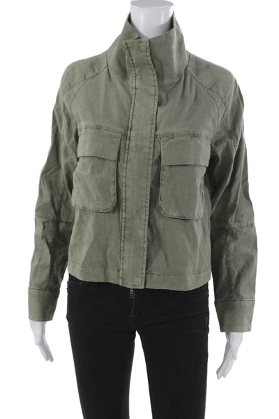 Evereve Women Military Jacket Green Linen Blend Long Sleeve Snap Size S