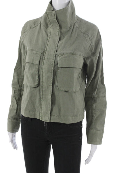 Evereve Women Military Jacket Green Linen Blend Long Sleeve Snap Size S