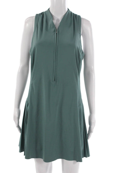 Athleta Womens Fit & Flare Dress Green V-Neck Sleeveless Zip Polyester Size L