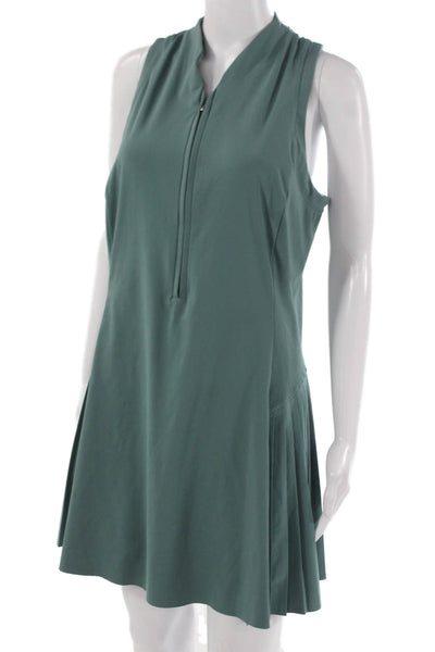 Athleta Womens Fit & Flare Dress Green V-Neck Sleeveless Zip Polyester Size L