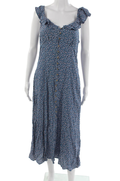 Mahina Womens Button V-Neck Floral Viscose Midi Dress Sleeveless Blue Size M