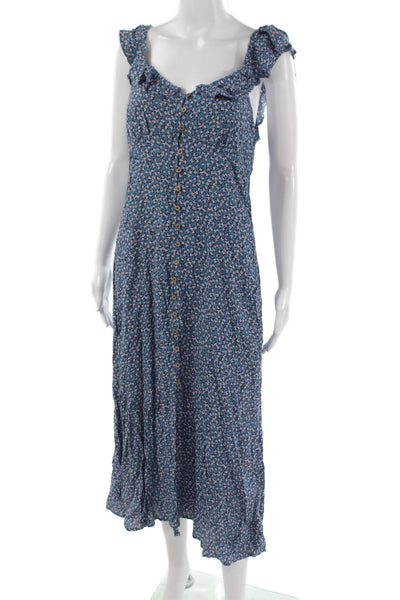 Mahina Womens Button V-Neck Floral Viscose Midi Dress Sleeveless Blue Size M
