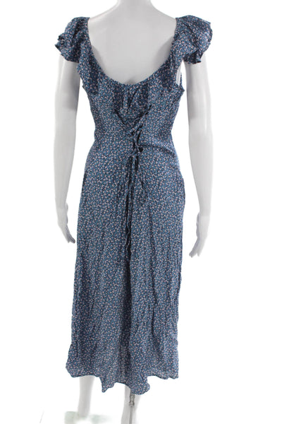 Mahina Womens Button V-Neck Floral Viscose Midi Dress Sleeveless Blue Size M