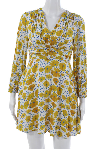 Anthropologie Women Floral V-Neck Mini Dress Yellow Long Sleeve Size PXS