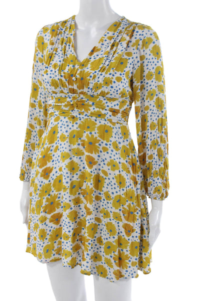 Anthropologie Women Floral V-Neck Mini Dress Yellow Long Sleeve Size PXS