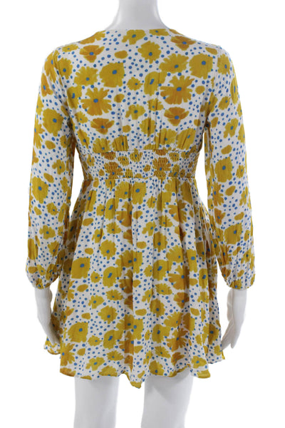 Anthropologie Women Floral V-Neck Mini Dress Yellow Long Sleeve Size PXS