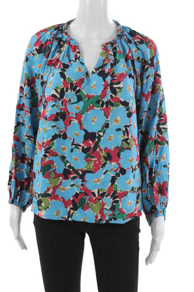 Mahina Women Floral V-Neck Rayon Pullover 3/4 Sleeve Blouse Multicolor Size M