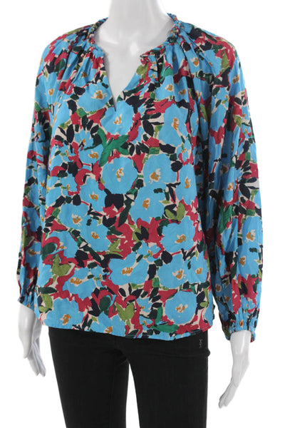 Mahina Women Floral V-Neck Rayon Pullover 3/4 Sleeve Blouse Multicolor Size M