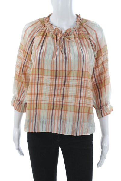 Madewell Women Multicolor Plaid Cotton Blend 3/4 Sleeve Blouse Size 2XS