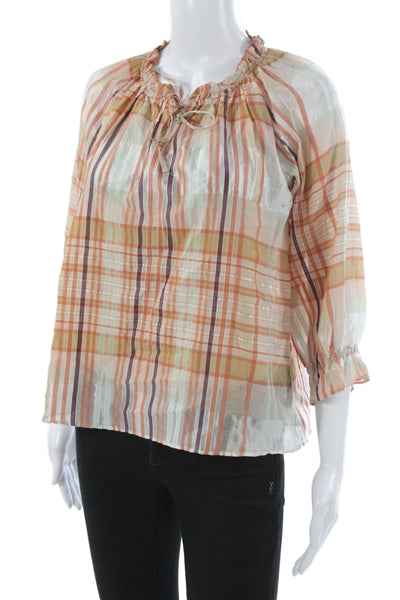 Madewell Women Multicolor Plaid Cotton Blend 3/4 Sleeve Blouse Size 2XS