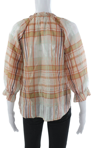 Madewell Women Multicolor Plaid Cotton Blend 3/4 Sleeve Blouse Size 2XS