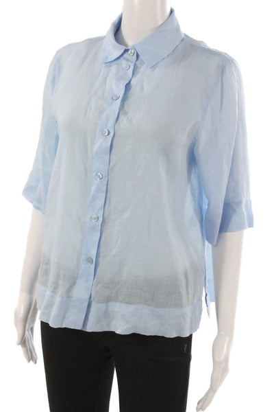 Zara Women Blue Lyocell Collared Button-Up Blouse 3/4 Sleeve Basic Size XS