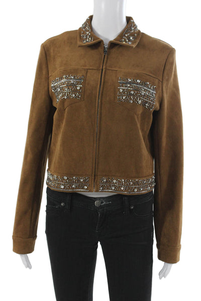 Zara Womens Basic Faux Suede Jacket Brown Zip Long Sleeve Size S