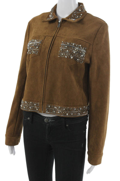 Zara Womens Basic Faux Suede Jacket Brown Zip Long Sleeve Size S