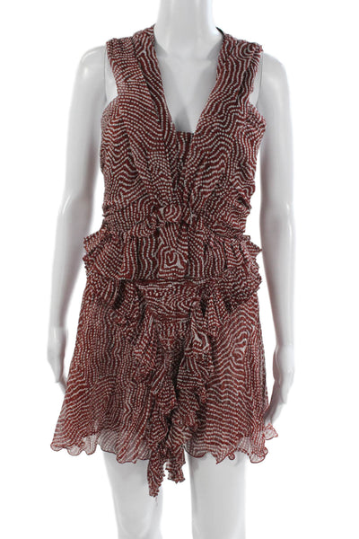 Isabel Marant Women Silk Red Geometric V-Neck Mini Dress Sleeveless Zip Size 38