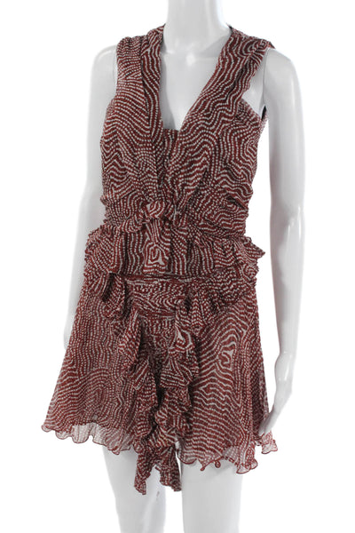 Isabel Marant Women Silk Red Geometric V-Neck Mini Dress Sleeveless Zip Size 38