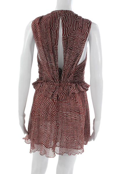 Isabel Marant Women Silk Red Geometric V-Neck Mini Dress Sleeveless Zip Size 38
