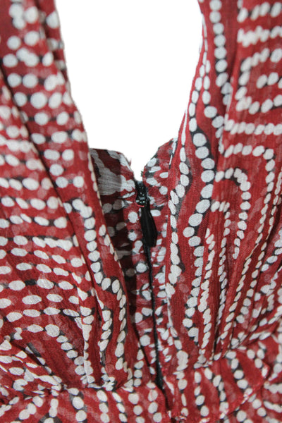 Isabel Marant Women Silk Red Geometric V-Neck Mini Dress Sleeveless Zip Size 38