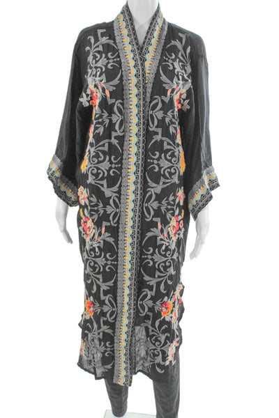 Johnny Was Unisex Kimono Robe Black Floral Cupra Rayon V-Neck Size XS