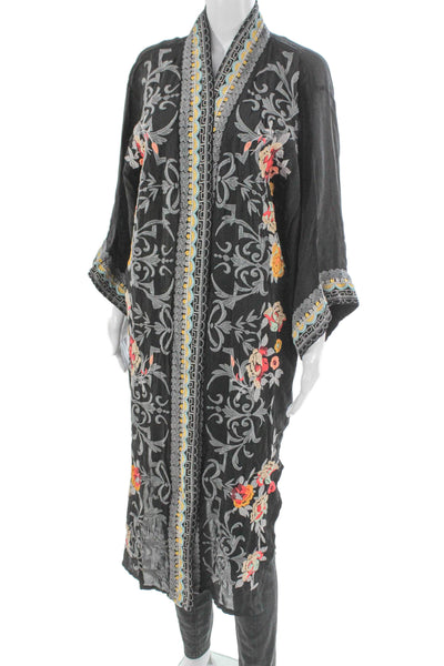 Johnny Was Unisex Kimono Robe Black Floral Cupra Rayon V-Neck Size XS