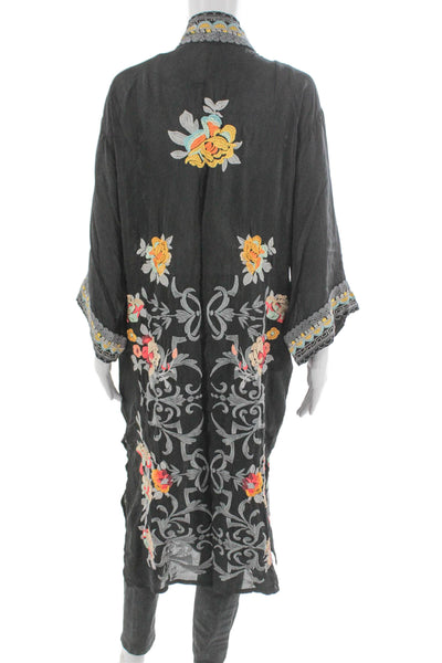 Johnny Was Unisex Kimono Robe Black Floral Cupra Rayon V-Neck Size XS