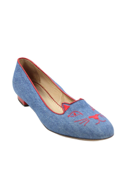 Charlotte Olympia Womens Slip On Denim Kitty Ballet Flats Blue Red Size 36.5