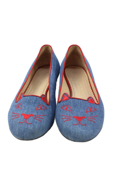 Charlotte Olympia Womens Slip On Denim Kitty Ballet Flats Blue Red Size 36.5